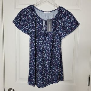 SimpleFun Women's Large Tie Front Blue Floral Top
